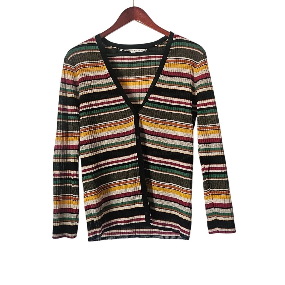 Veronica Beard KeKe Striped Ribbed Knit Cardigan XL Multicolor Semi Sheer Preppy